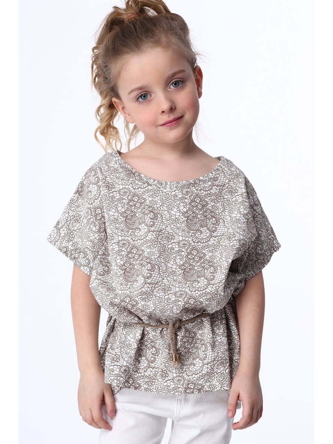 Bluza fetita cu cravate, alba si bej NDZ8200 - Magazin online - Boutique